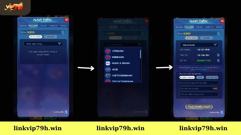 Nạp tiền Vip79 bằng chuyển khoản ngân hàng thủ công